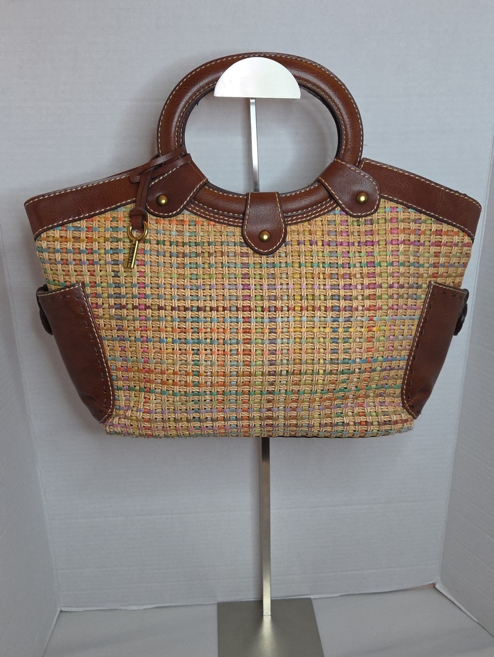 Fossil Multicolor Woven Tote with Brown Leather Trim